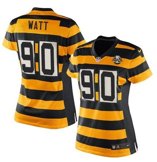 Women's Pittsburgh Steelers #90 T. J. Watt Yellow/Black Alternate 80TH Anniversary Throwback Stitched Jersey(Run Small)